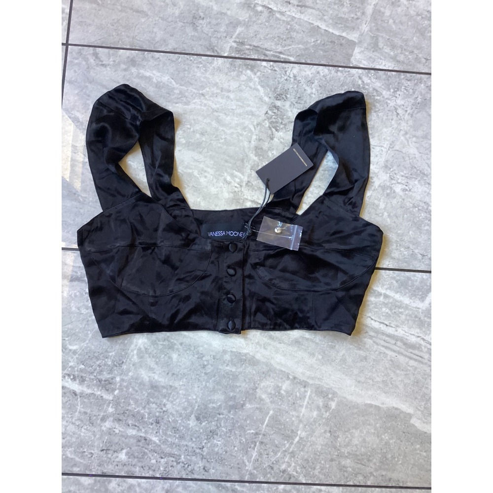 Vanessa Mooney Black Satin Bustier Crop Top Button Front Sustainable Size M